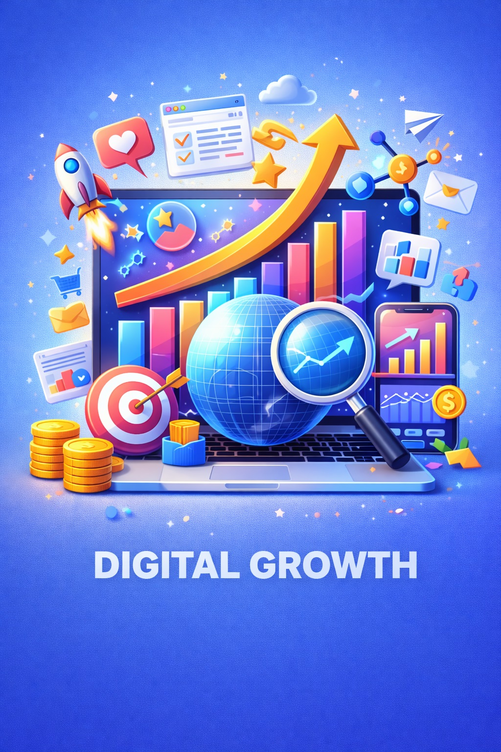 Digital Growth Strategy Illustration – SEO, Performance Marketing and Online Business Scaling