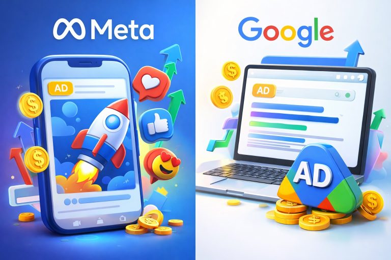 Meta Ads and Google Ads campaign management dashboard with PPC analytics, ad performance metrics, and digital marketing growth strategy elements.